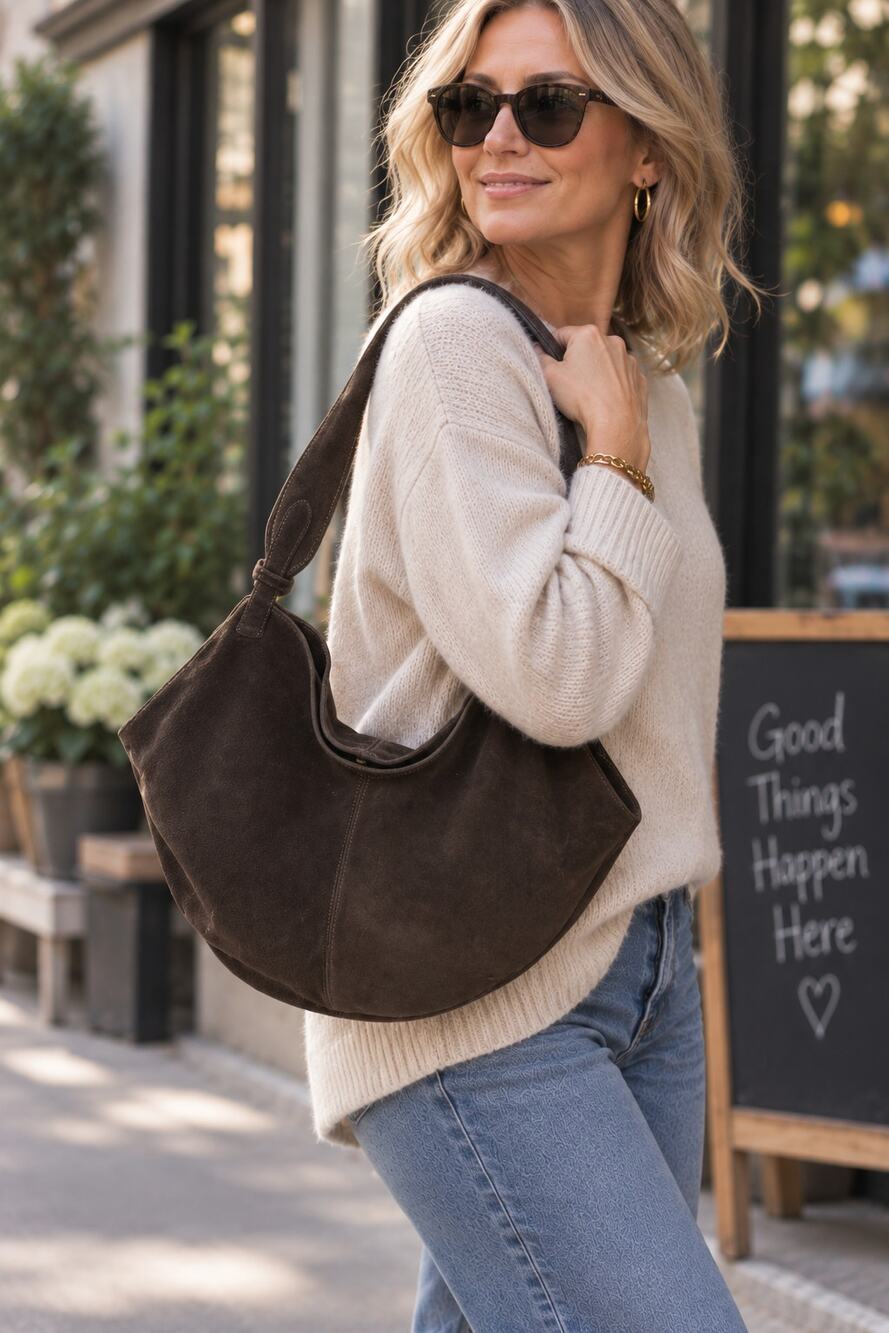 Chocolate Brown Suede Crecent Boat Bag Bucket